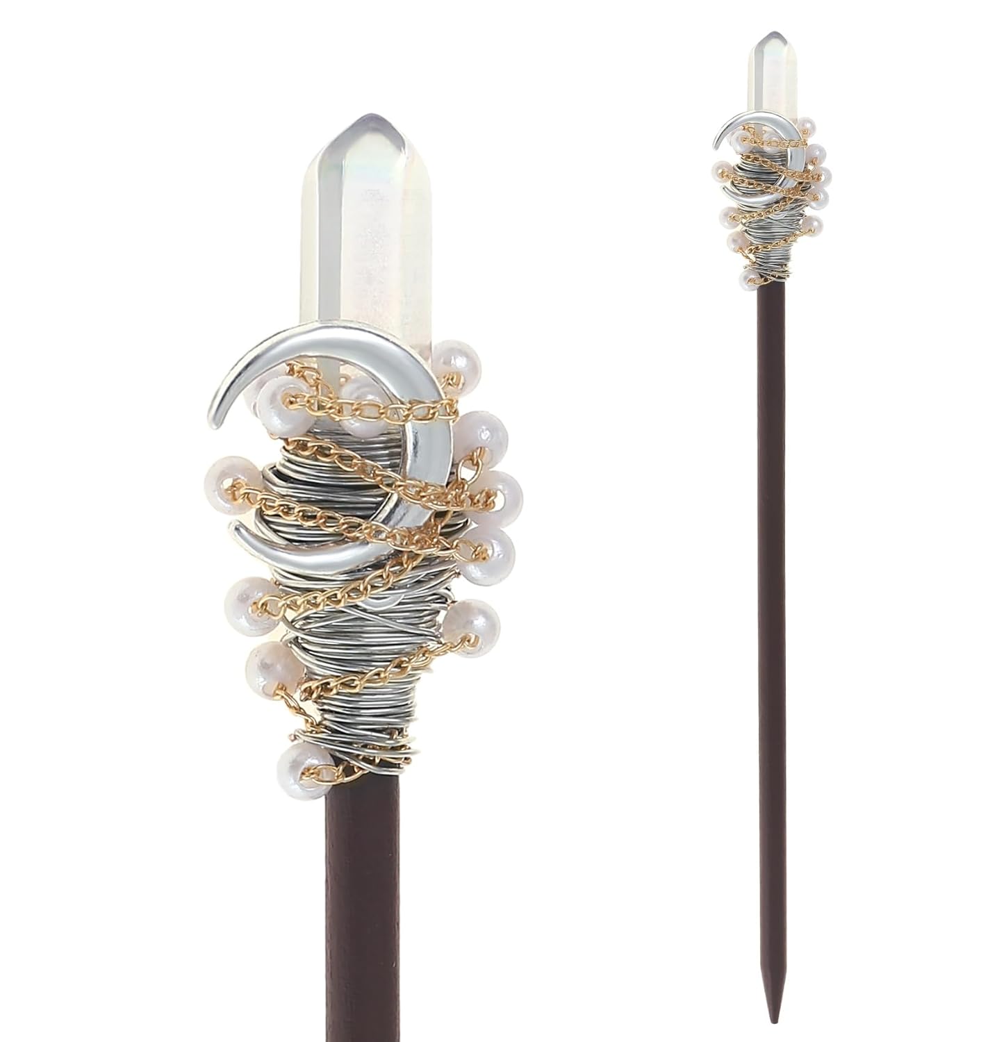 Handmade wooden hair stick with crystal moon pendant, antler-inspired accents, wire-wrapped beads and delicate chains.
