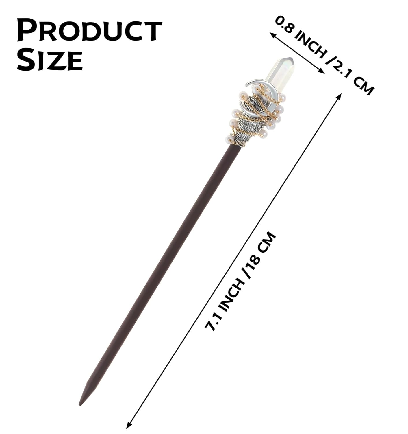 Handmade wooden hair stick with crystal moon pendant, antler-inspired accents, wire-wrapped beads and delicate chains.