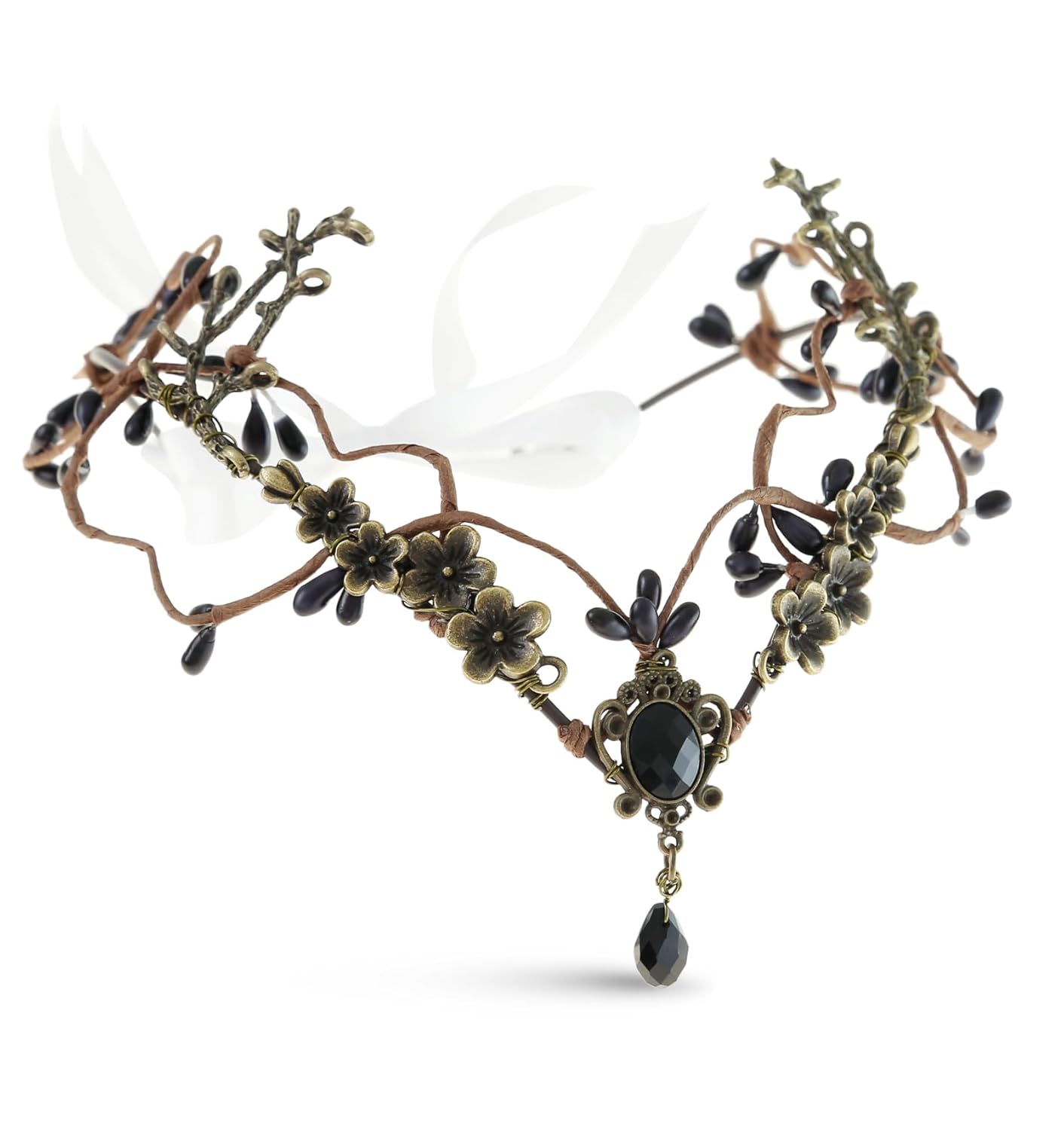 Wire-wrapped flower crown headband with artificial blossoms and leaves, adjustable ribbon tie at the back, fairy and Renaissance style.