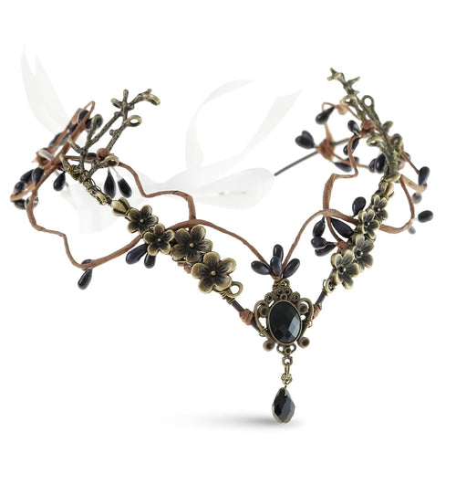 Wire-wrapped flower crown headband with artificial blossoms and leaves, adjustable ribbon tie at the back, fairy and Renaissance style.