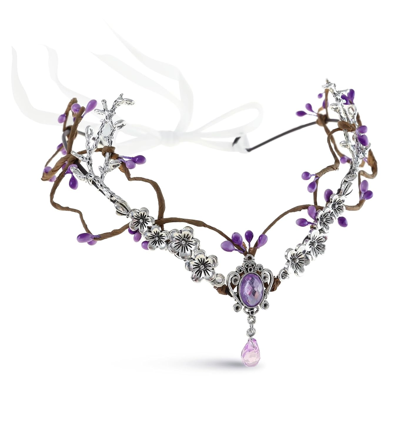 Wire-wrapped flower crown headband with artificial blossoms and leaves, adjustable ribbon tie at the back, fairy and Renaissance style.