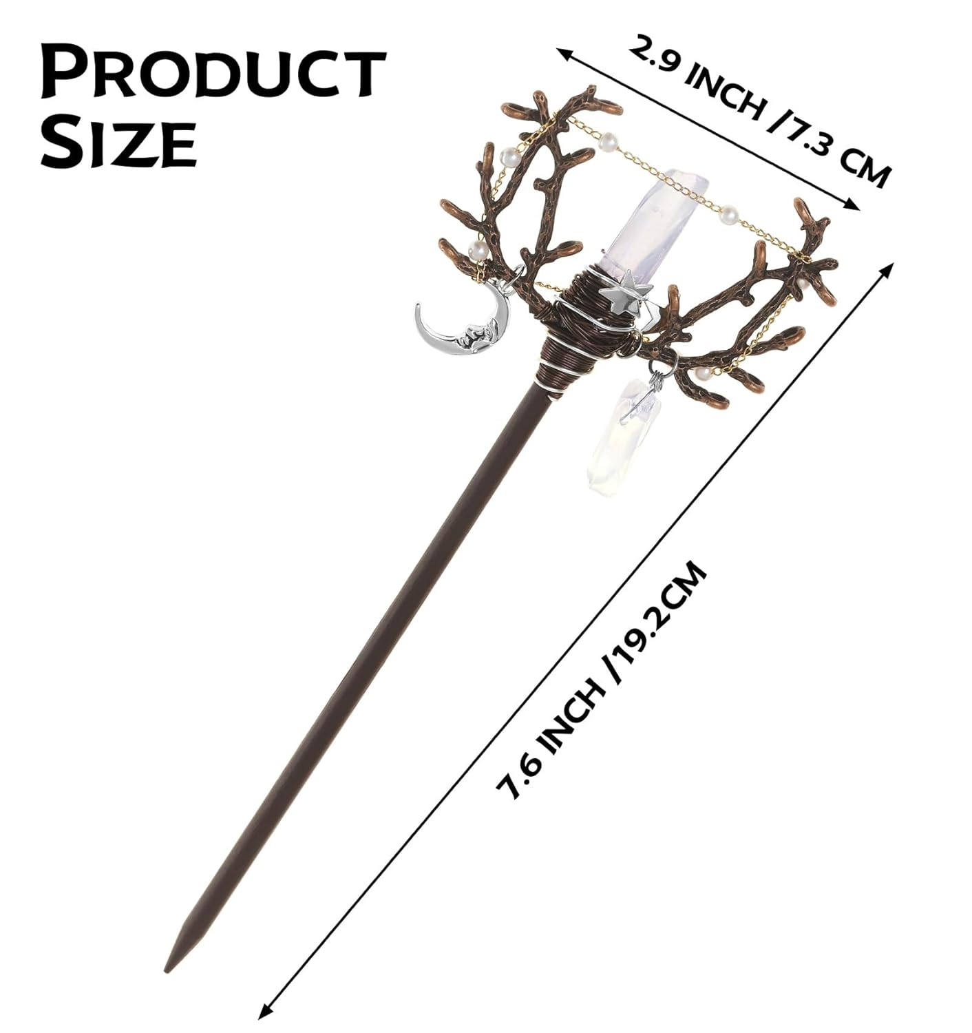 Handmade wooden hair stick with antler-shaped accents, crystal moon charm, wire wrap, beads and chains.