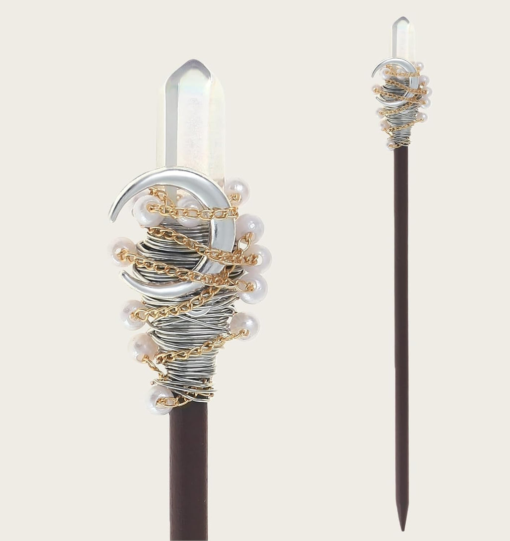 Handmade wooden hair stick with crystal moon pendant, antler-inspired accents, wire-wrapped beads and delicate chains.