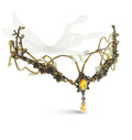 Wire-wrapped flower crown headband with artificial blossoms and leaves, adjustable ribbon tie at the back, fairy and Renaissance style.