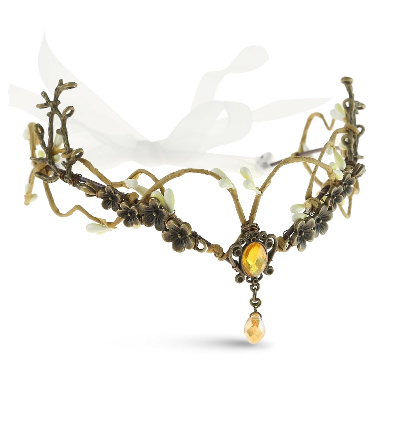 Wire-wrapped flower crown headband with artificial blossoms and leaves, adjustable ribbon tie at the back, fairy and Renaissance style.