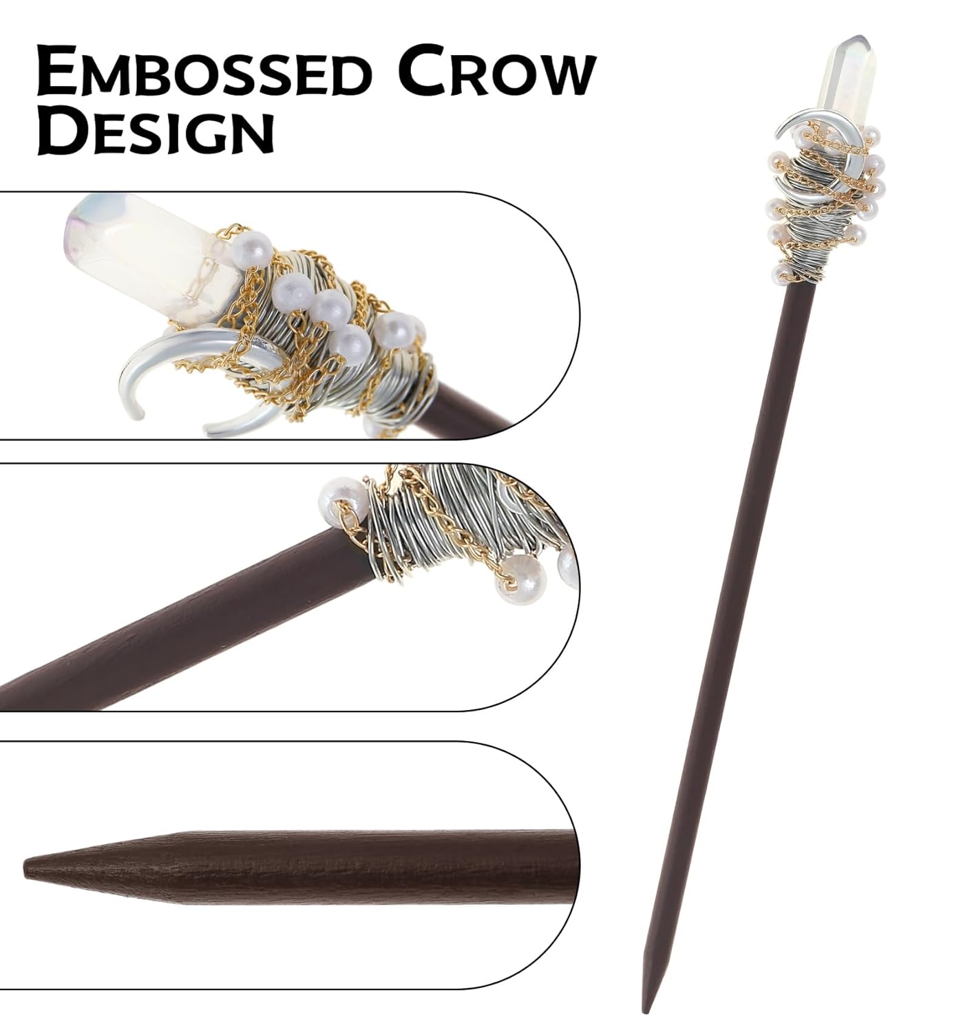 Handmade wooden hair stick with crystal moon pendant, antler-inspired accents, wire-wrapped beads and delicate chains.