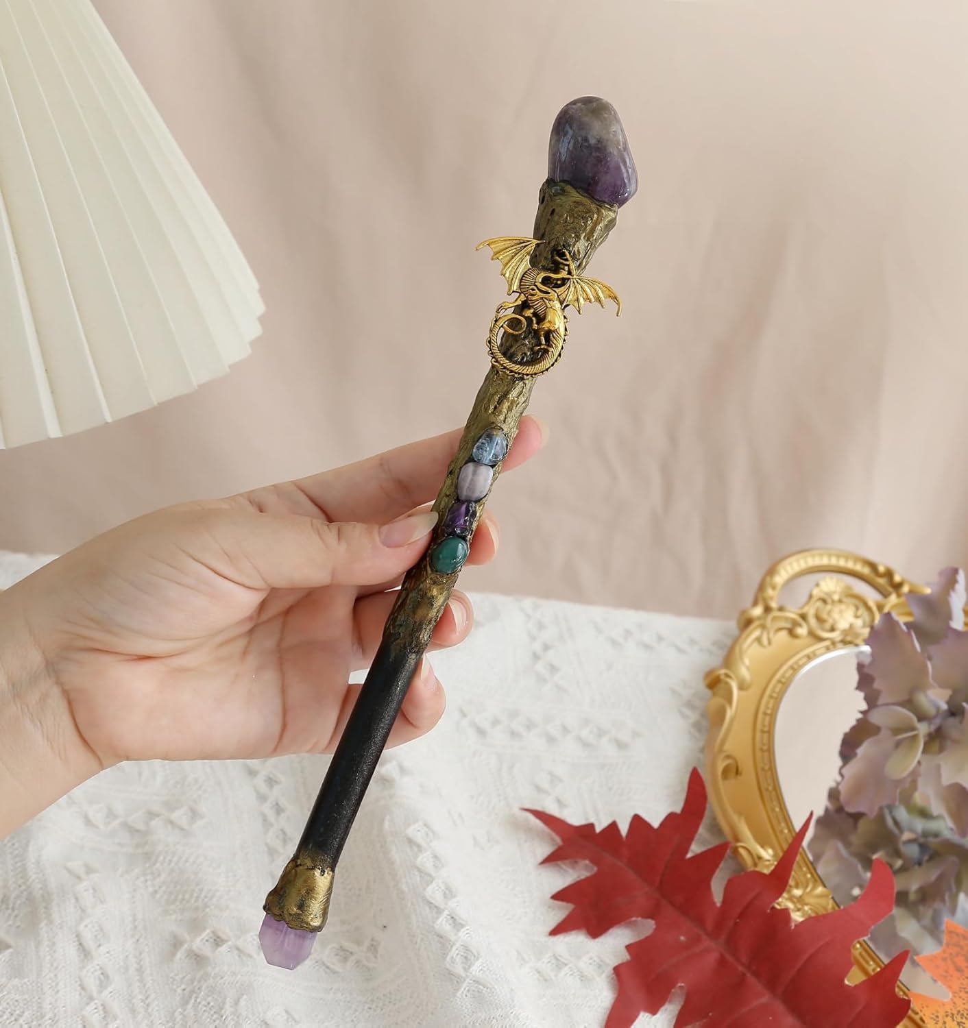 Handcrafted 9-inch wooden wand with amethyst crystal point, dragon accent, and crescent moon charm on polished wood shaft.