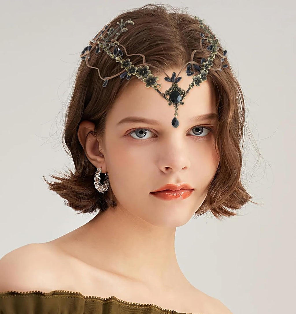 Wire-wrapped flower crown headband with artificial blossoms and leaves, adjustable ribbon tie at the back, fairy and Renaissance style.