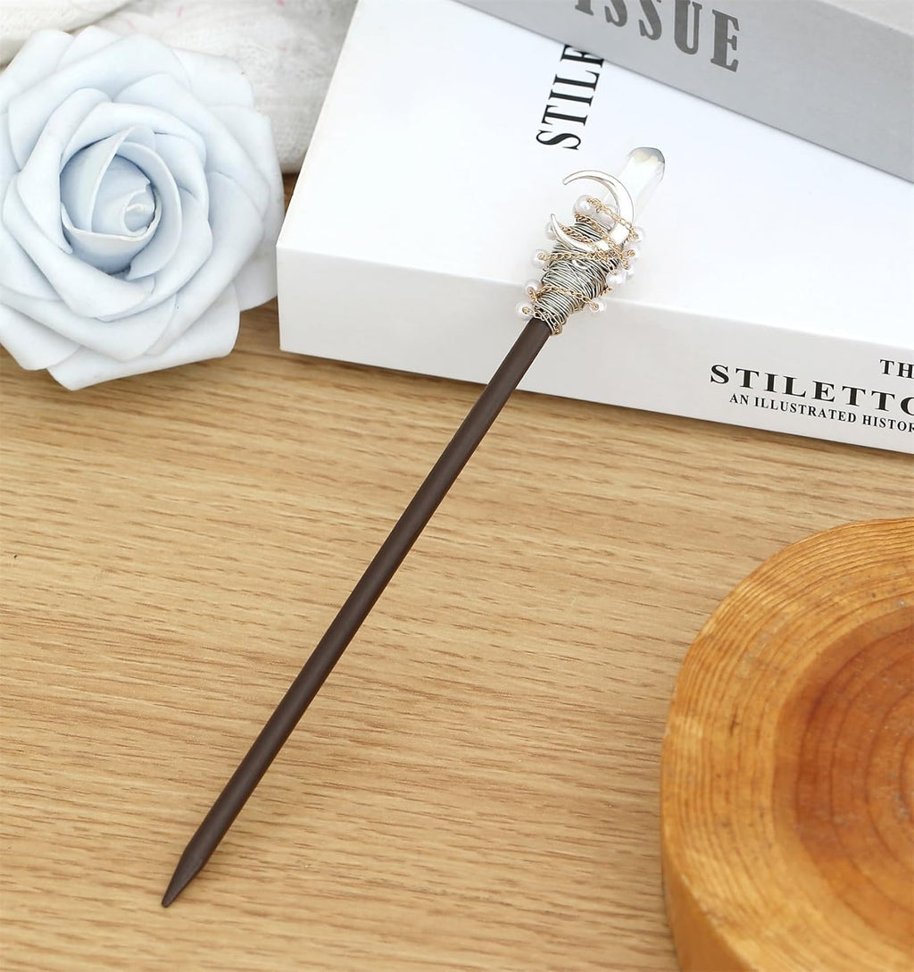 Handmade wooden hair stick with crystal moon pendant, antler-inspired accents, wire-wrapped beads and delicate chains.