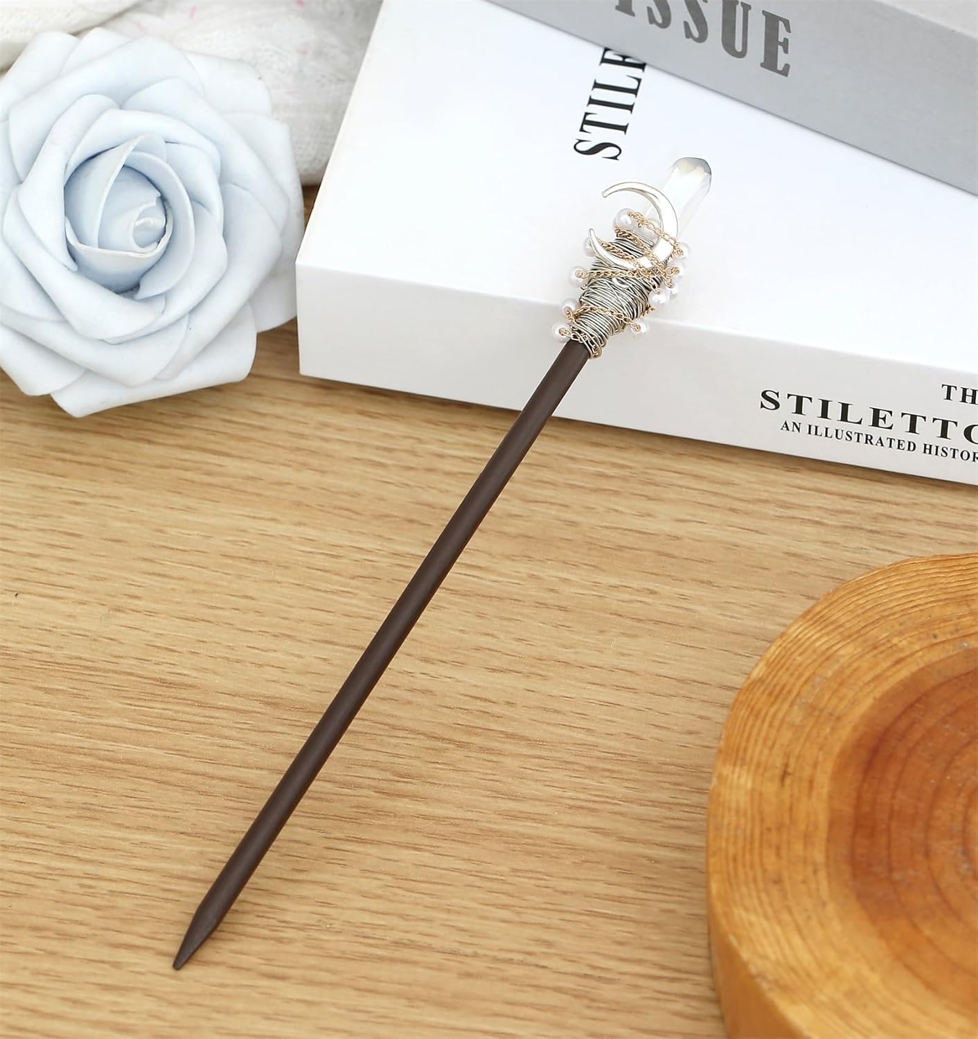 Handmade wooden hair stick with crystal moon pendant, antler-inspired accents, wire-wrapped beads and delicate chains.