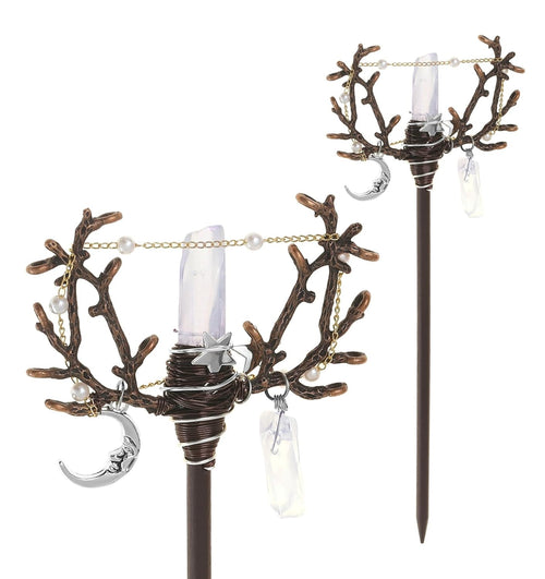 Handmade wooden hair stick with antler-shaped accents, crystal moon charm, wire wrap, beads and chains.