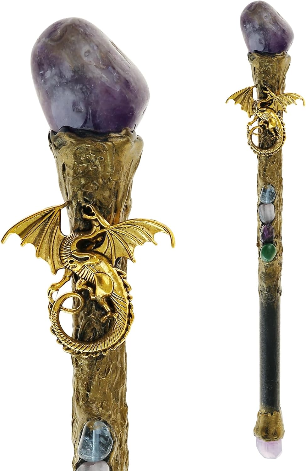 Handcrafted 9-inch wooden wand with amethyst crystal point, dragon accent, and crescent moon charm on polished wood shaft.