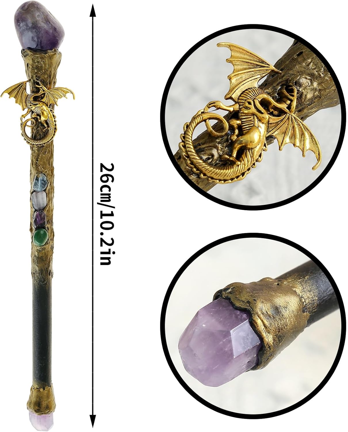Handcrafted 9-inch wooden wand with amethyst crystal point, dragon accent, and crescent moon charm on polished wood shaft.