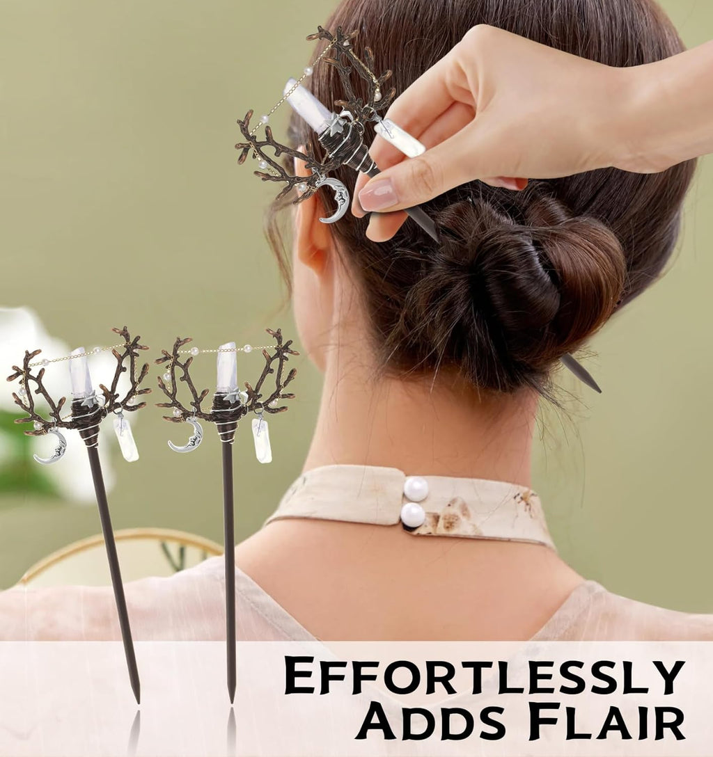 Handmade wooden hair stick with antler-shaped accents, crystal moon charm, wire wrap, beads and chains.