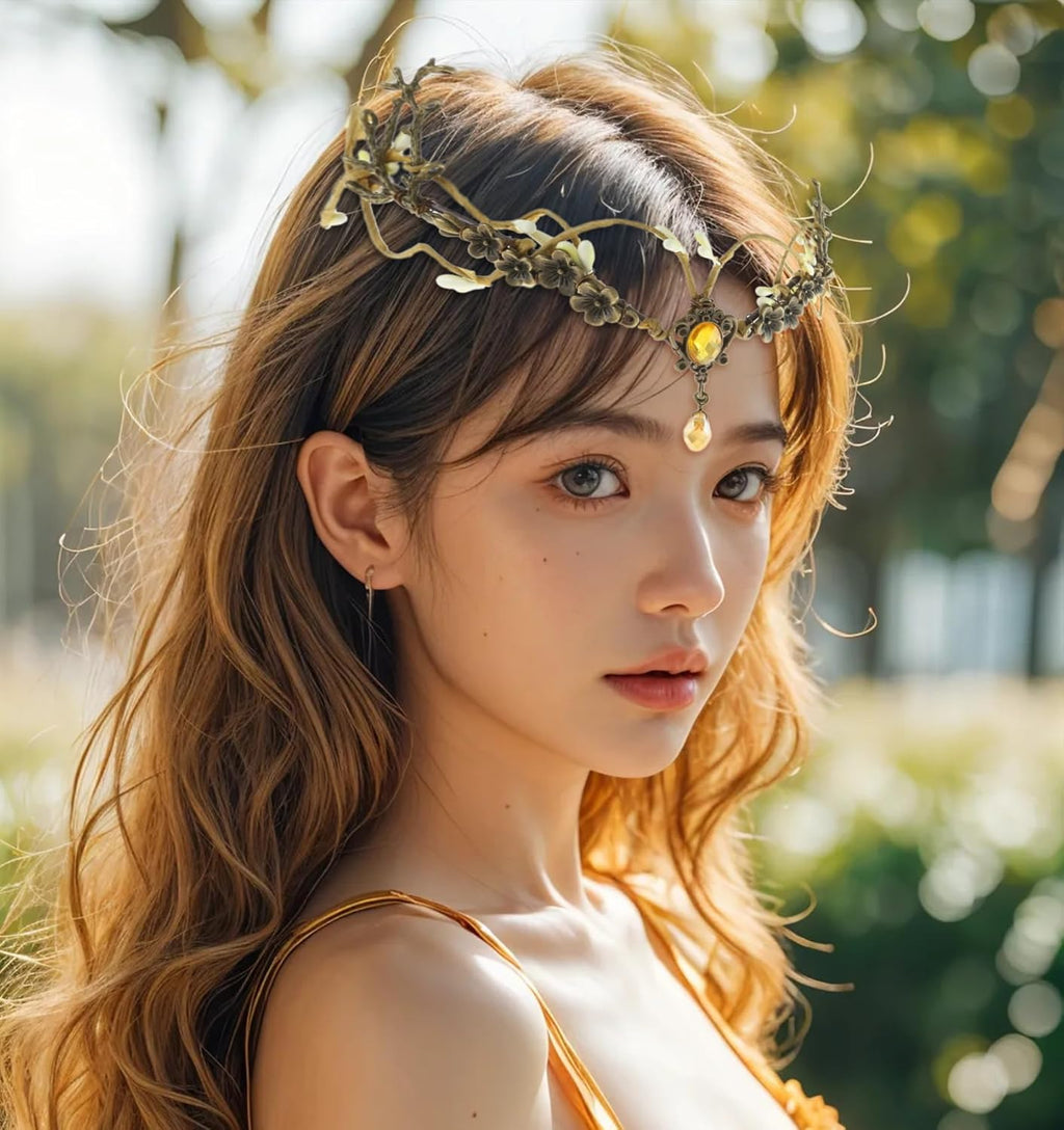 Wire-wrapped flower crown headband with artificial blossoms and leaves, adjustable ribbon tie at the back, fairy and Renaissance style.