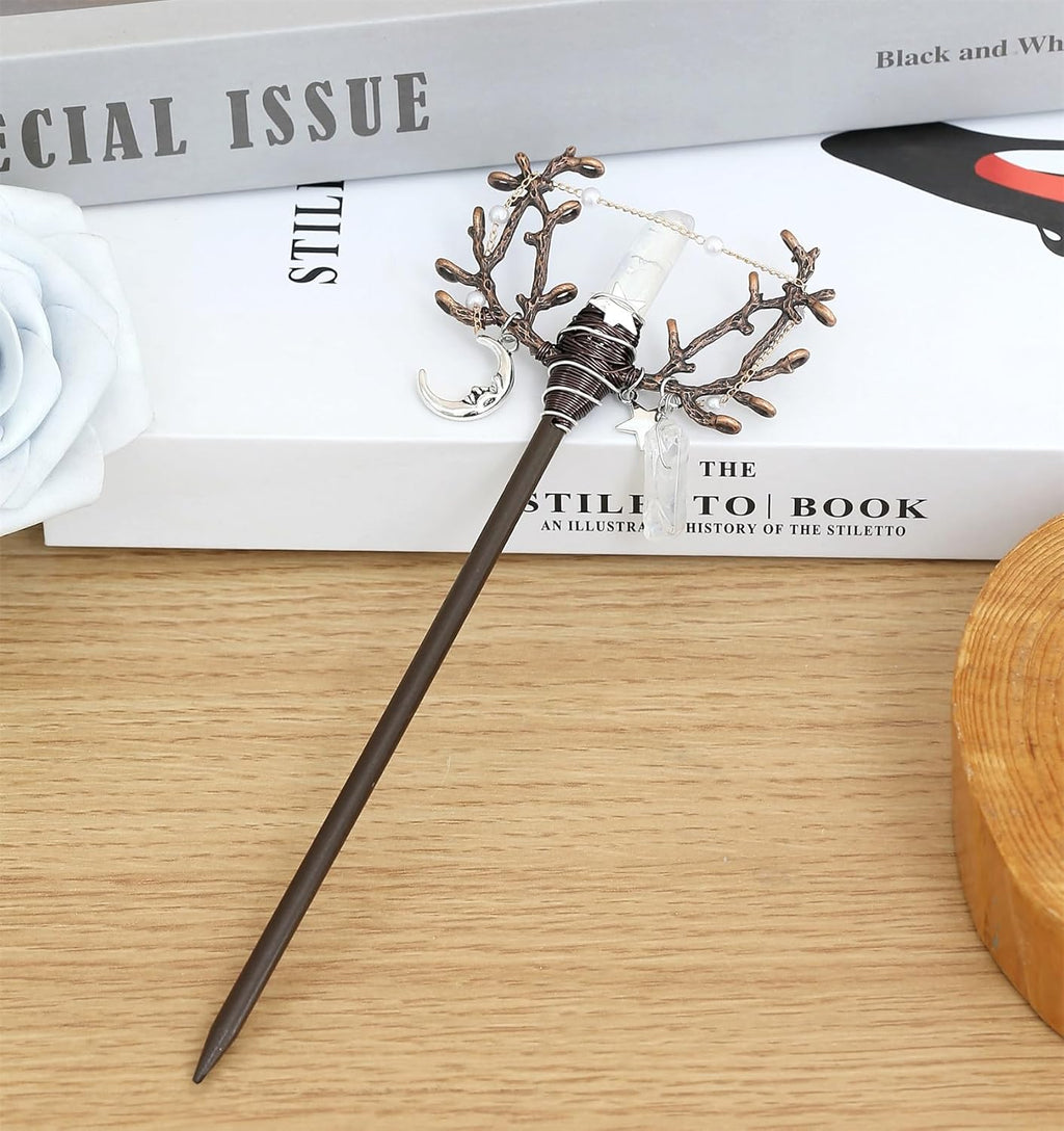 Handmade wooden hair stick with antler-shaped accents, crystal moon charm, wire wrap, beads and chains.