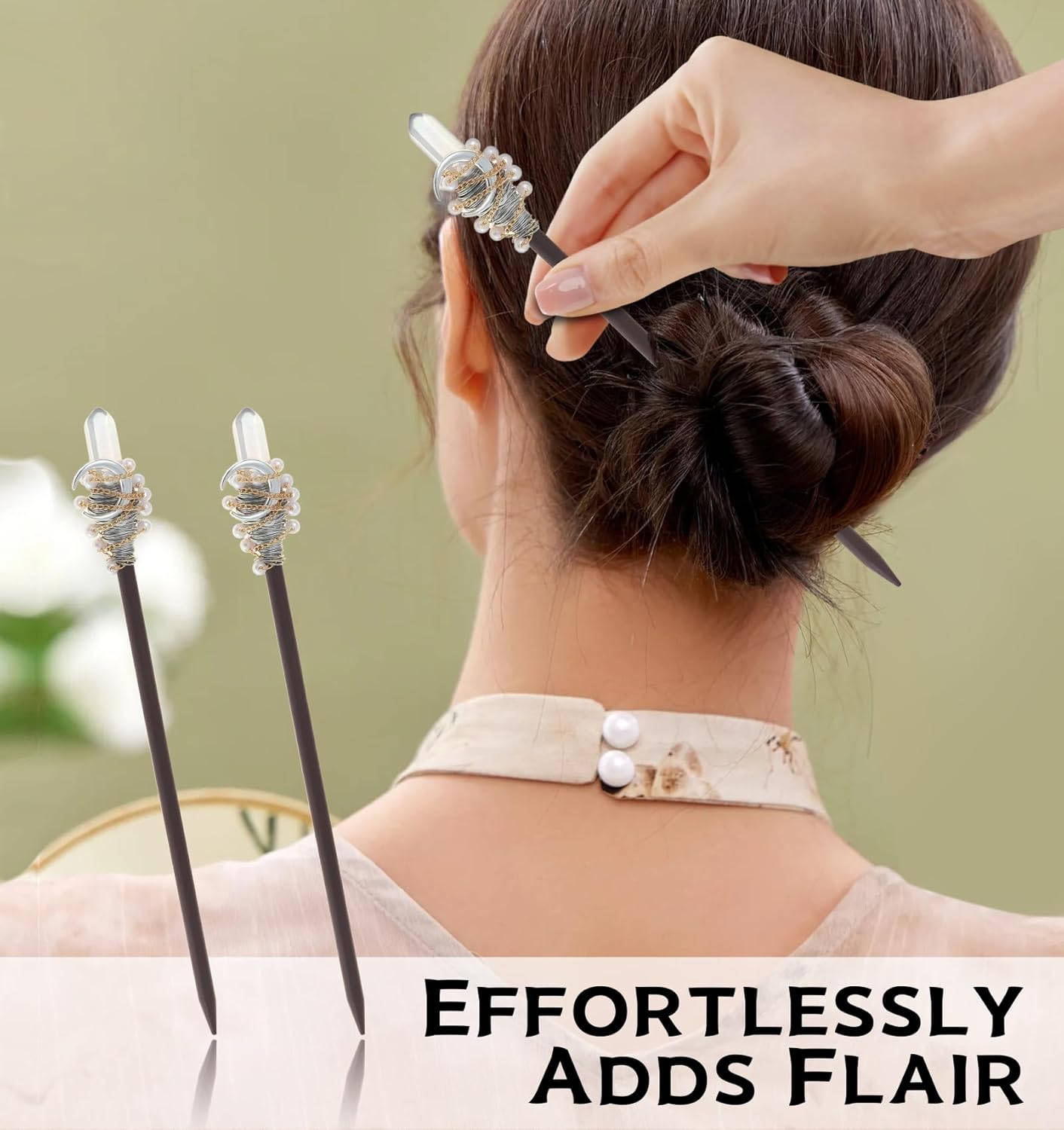 Handmade wooden hair stick with crystal moon pendant, antler-inspired accents, wire-wrapped beads and delicate chains.