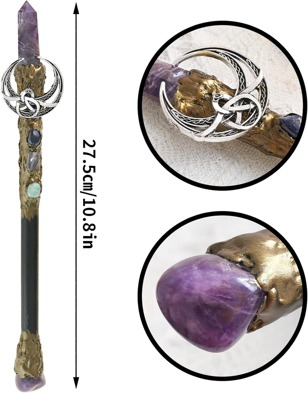 Handcrafted wooden wand, 9 inches, with a clear crystal point at the tip and a small crescent moon charm hanging from the upper shaft.