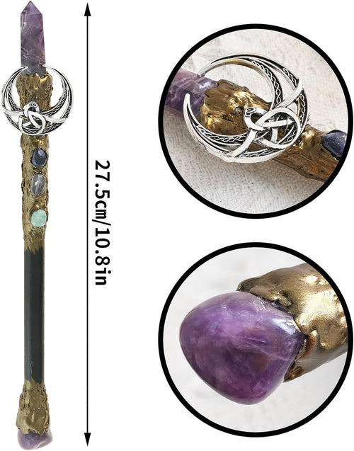 Handcrafted wooden wand, 9 inches, with a clear crystal point at the tip and a small crescent moon charm hanging from the upper shaft.