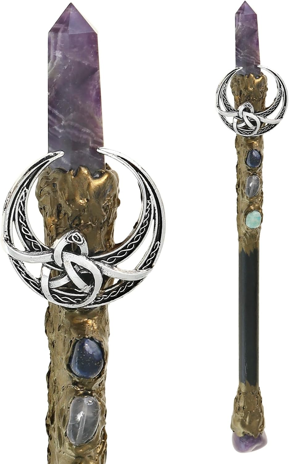 Handcrafted wooden wand, 9 inches, with a clear crystal point at the tip and a small crescent moon charm hanging from the upper shaft.