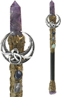 Handcrafted wooden wand, 9 inches, with a clear crystal point at the tip and a small crescent moon charm hanging from the upper shaft.