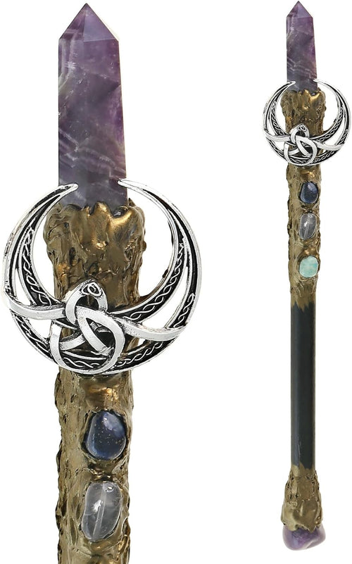 Handcrafted wooden wand, 9 inches, with a clear crystal point at the tip and a small crescent moon charm hanging from the upper shaft.