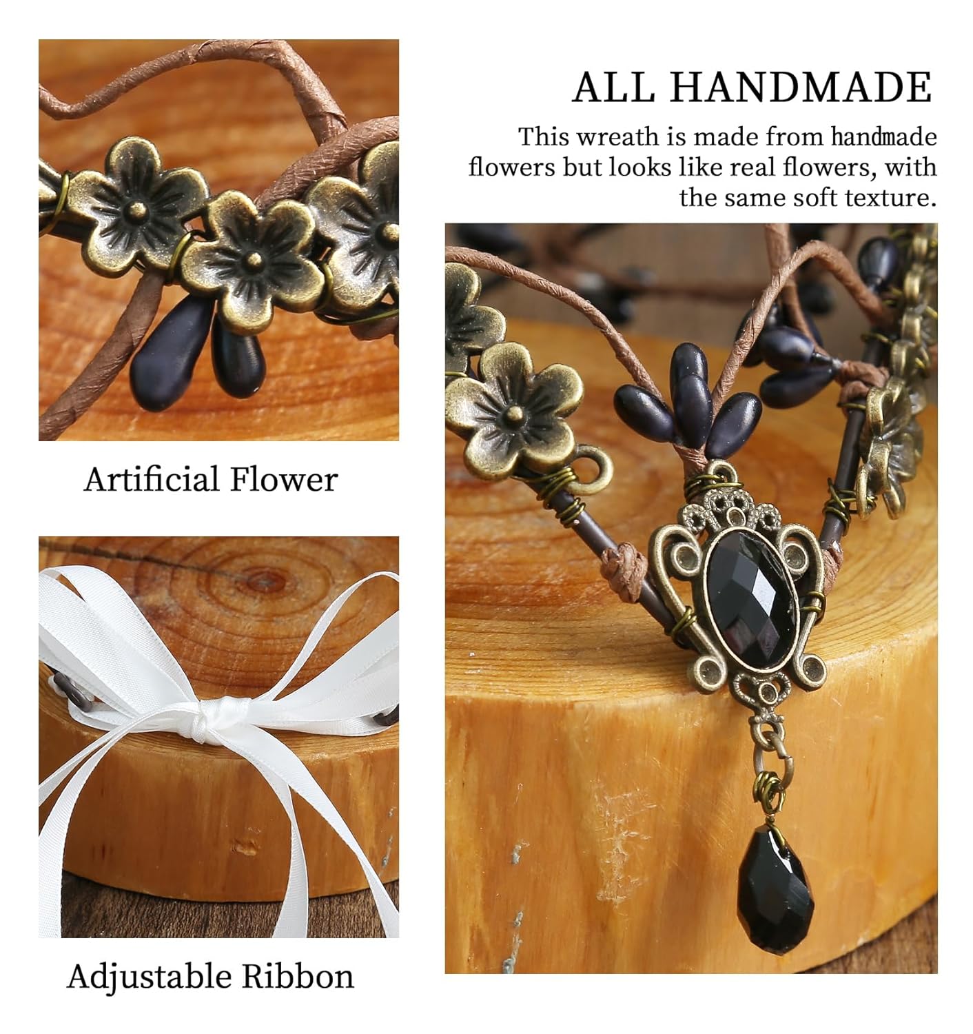 Wire-wrapped flower crown headband with artificial blossoms and leaves, adjustable ribbon tie at the back, fairy and Renaissance style.