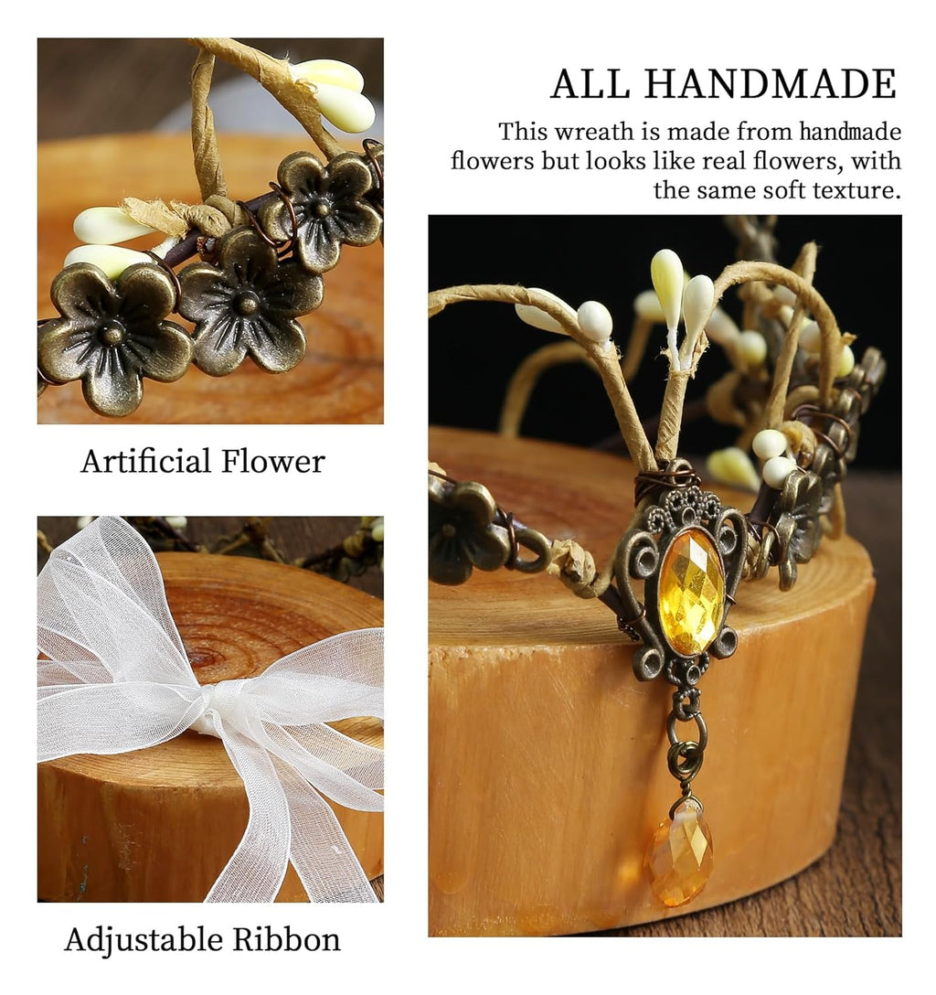 Wire-wrapped flower crown headband with artificial blossoms and leaves, adjustable ribbon tie at the back, fairy and Renaissance style.
