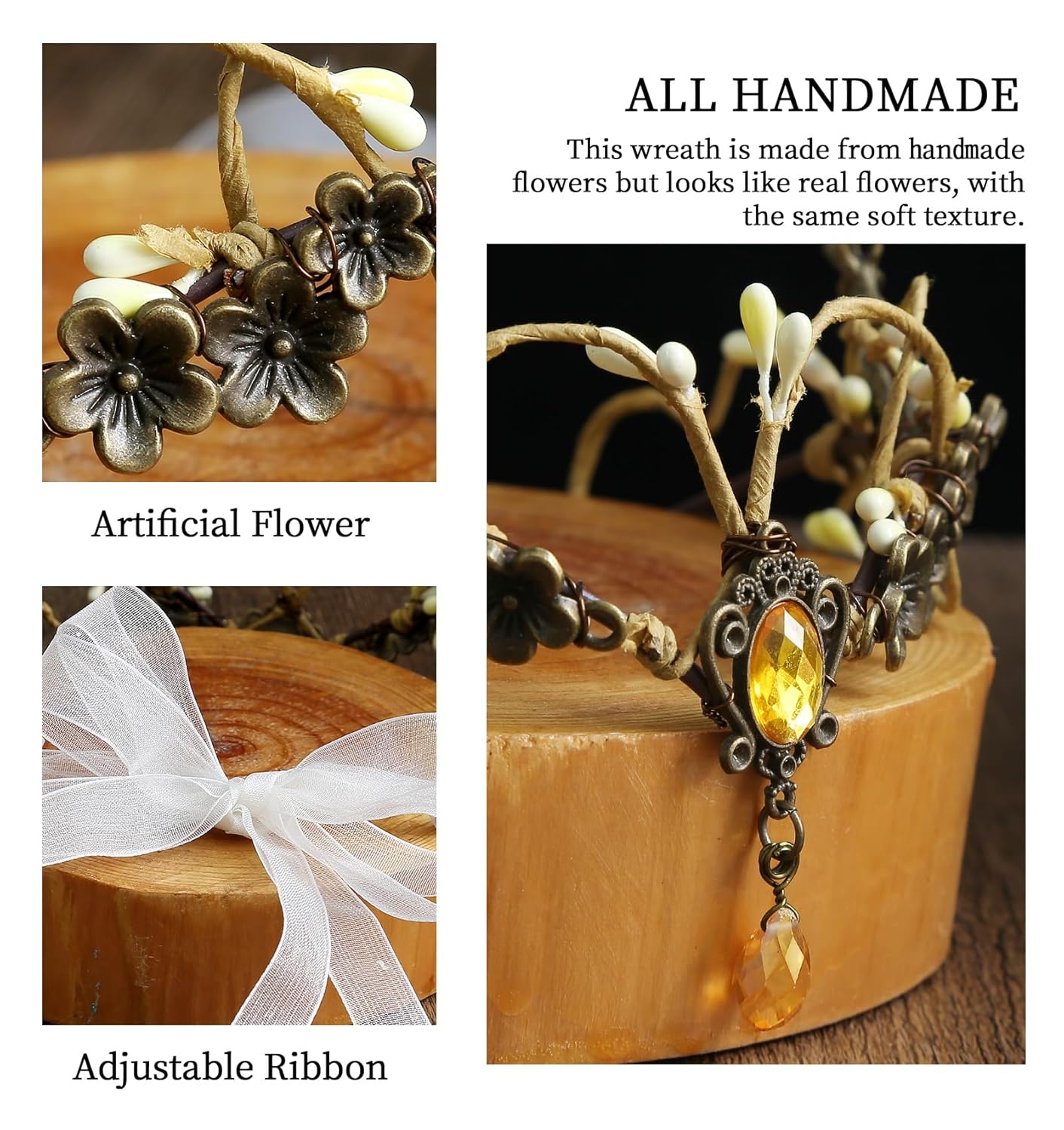 Wire-wrapped flower crown headband with artificial blossoms and leaves, adjustable ribbon tie at the back, fairy and Renaissance style.