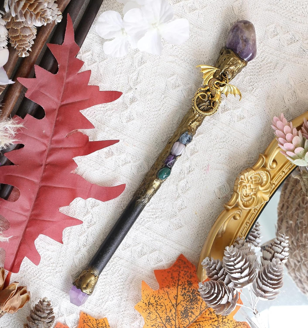 Handcrafted 9-inch wooden wand with amethyst crystal point, dragon accent, and crescent moon charm on polished wood shaft.