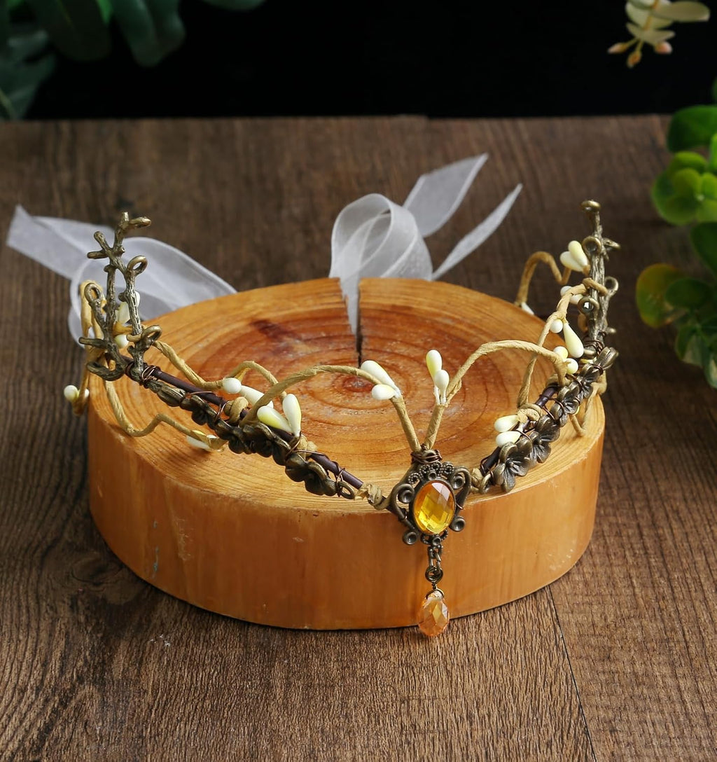 Wire-wrapped flower crown headband with artificial blossoms and leaves, adjustable ribbon tie at the back, fairy and Renaissance style.