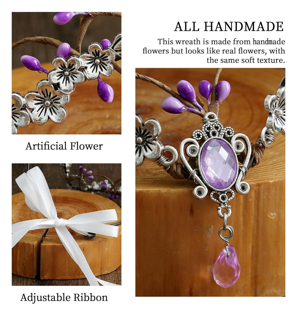 Wire-wrapped flower crown headband with artificial blossoms and leaves, adjustable ribbon tie at the back, fairy and Renaissance style.