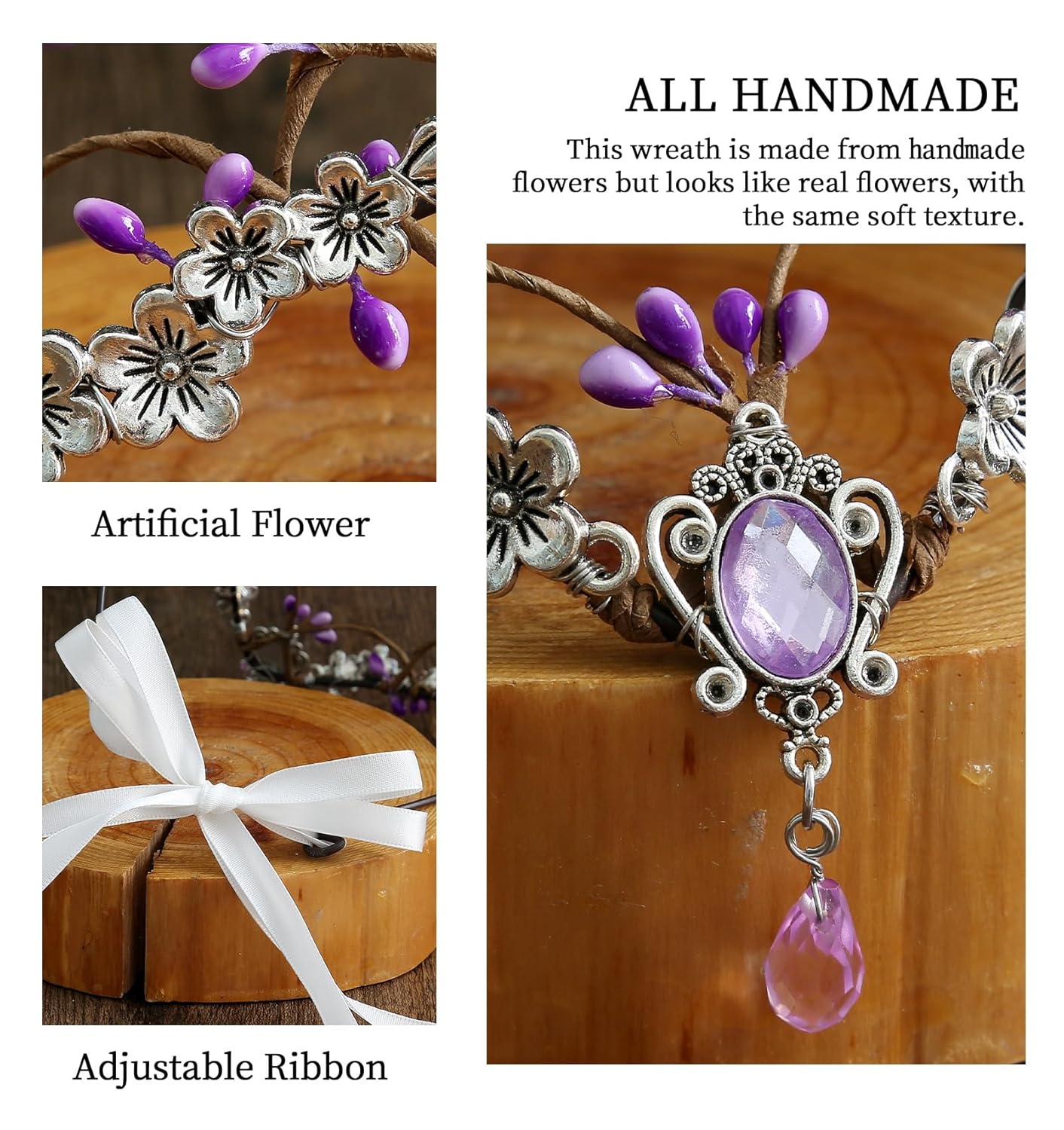 Wire-wrapped flower crown headband with artificial blossoms and leaves, adjustable ribbon tie at the back, fairy and Renaissance style.