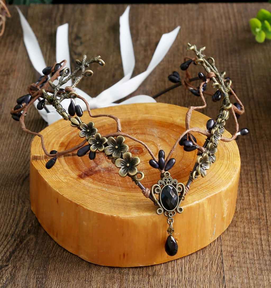 Wire-wrapped flower crown headband with artificial blossoms and leaves, adjustable ribbon tie at the back, fairy and Renaissance style.